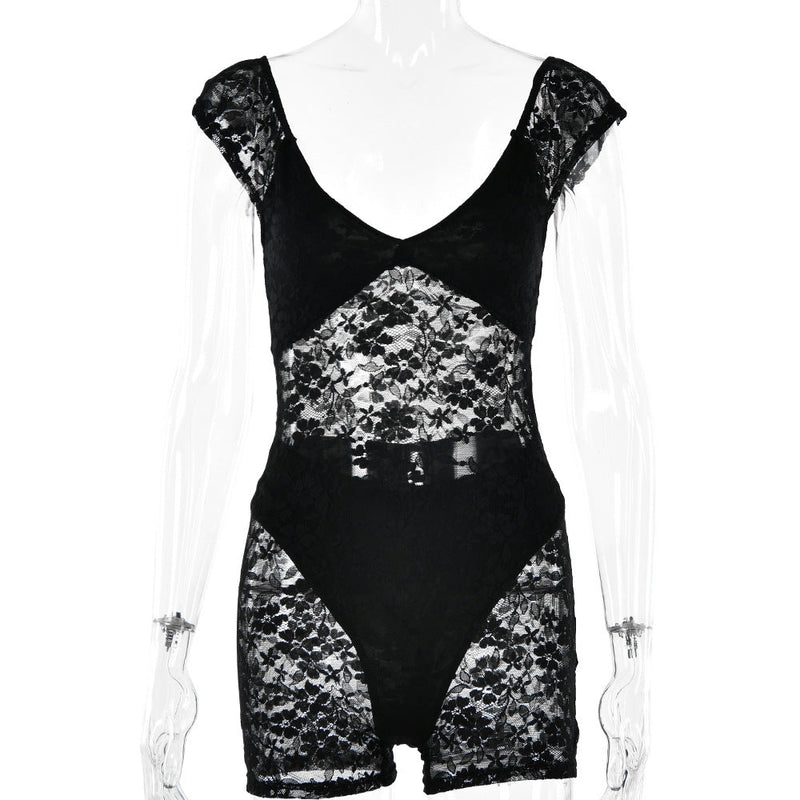 Spring Summer Tight See Through Embroidery Romper