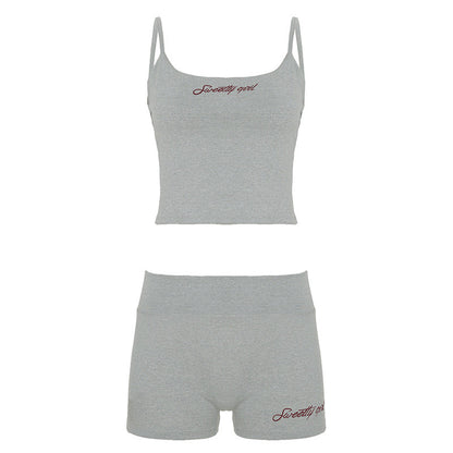 Street Sports Slim Fit Letters Embroidered Strap Shorts Fitness Two Piece Sets Summer