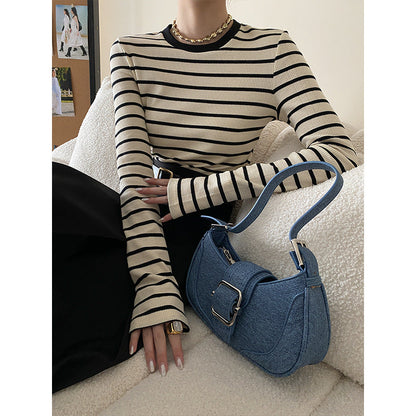 Sinanbo Daily Fashionable Walf Checks Fabric Black Edge Small Round Neck Striped T-shirt Bottoming Shirt