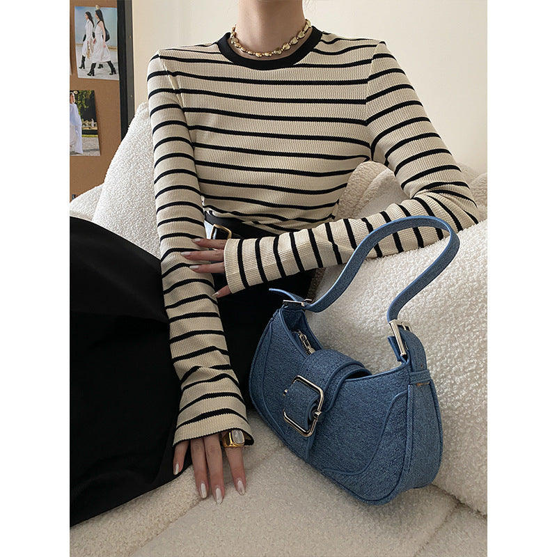 Sinanbo Daily Fashionable Walf Checks Fabric Black Edge Small Round Neck Striped T-shirt Bottoming Shirt
