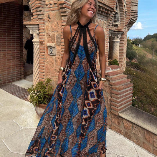 Internet Popular Summer Positioning Printing Sling Swing Maxi Dress