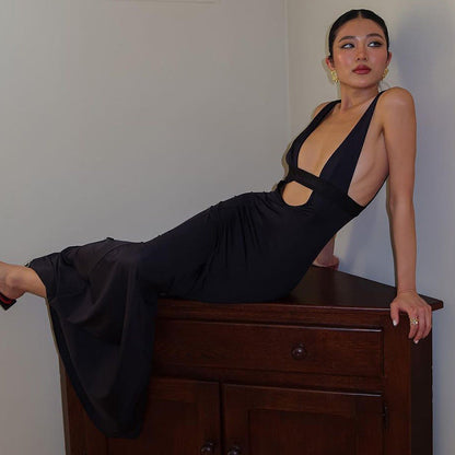 In Deep V Plunge Patch Hollow Out Cutout Corset Maxi Dress Slim Strap Dress
