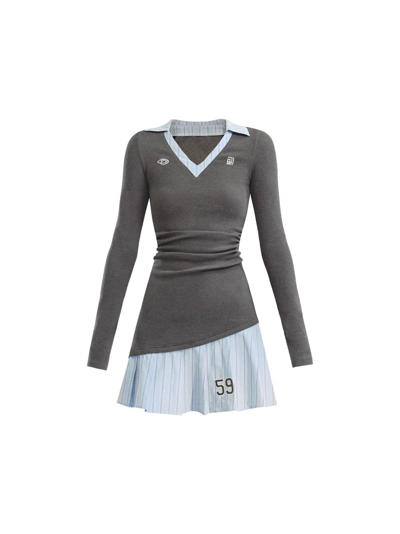 Preppy V-neck Tennis Dress With Pleated Skirt