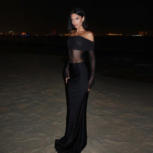 Fall Maxi Dress Slim Off Shoulder Mesh Dress