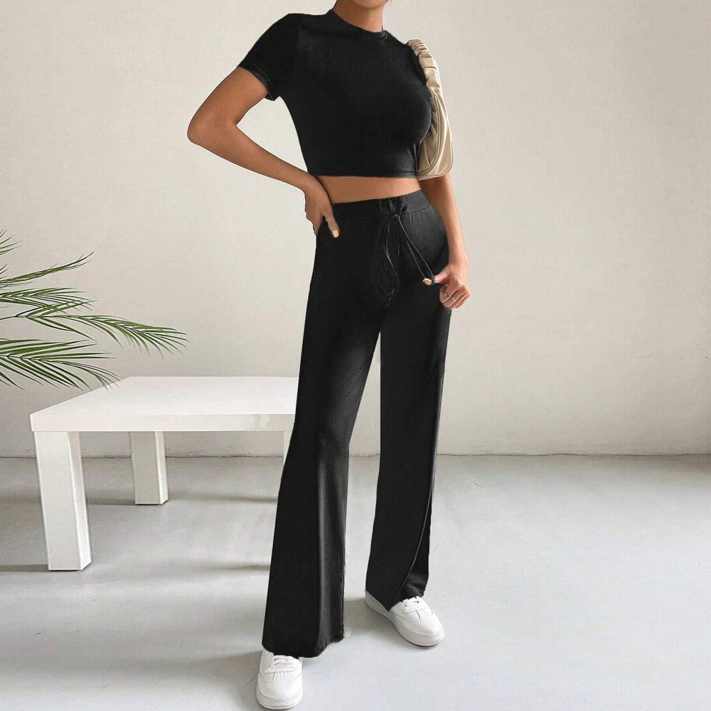 Clothing Cropped Slim Knitted Short Sleeve High Waist Wide Leg Pants Two Piece Set
