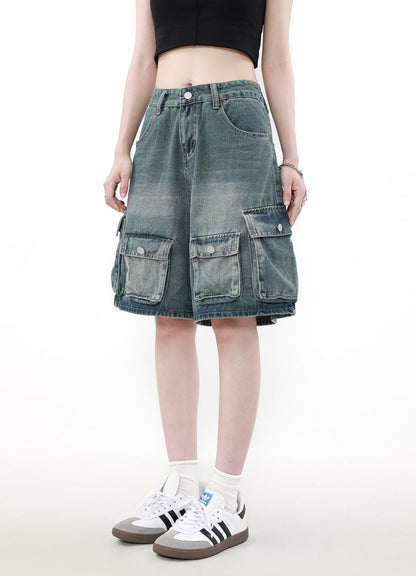 Denim Cargo Shorts With Multiple Utility Pockets