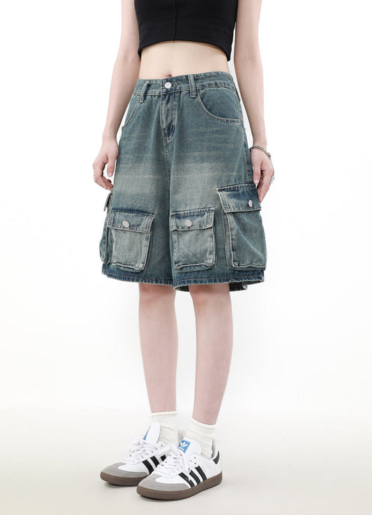 Denim Cargo Shorts With Multiple Utility Pockets