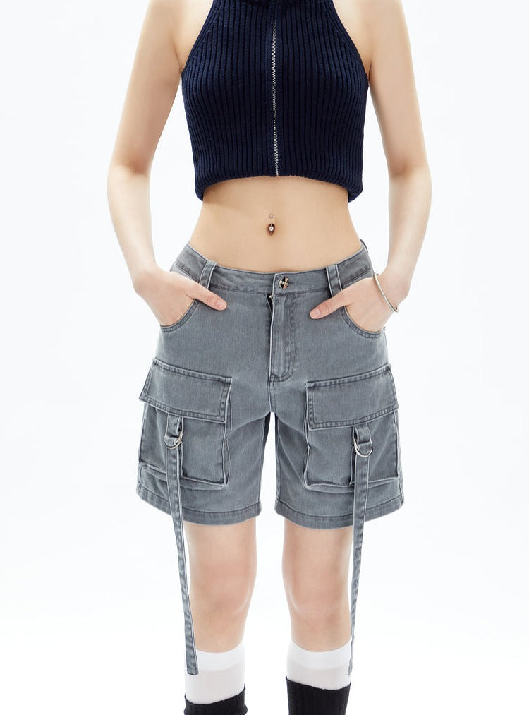 Black Cargo Shorts With Dangling Straps