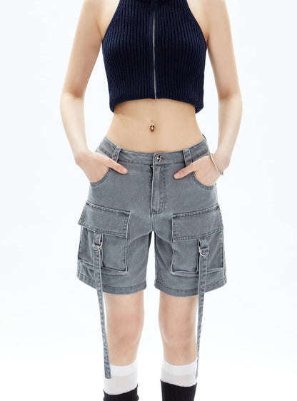 Black Cargo Shorts With Dangling Straps