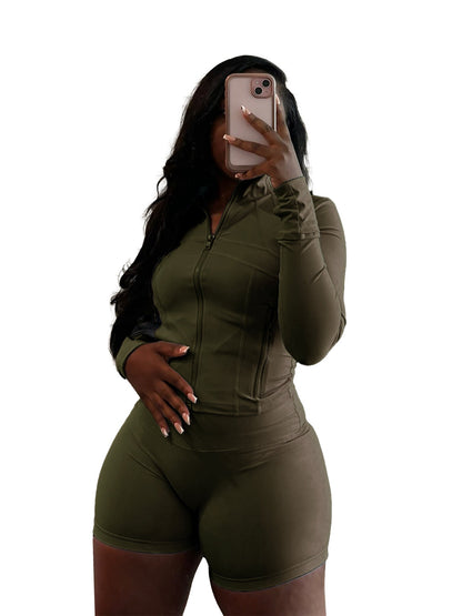 Spring Sports Tight Long Sleeve Shorts Two Piece Set