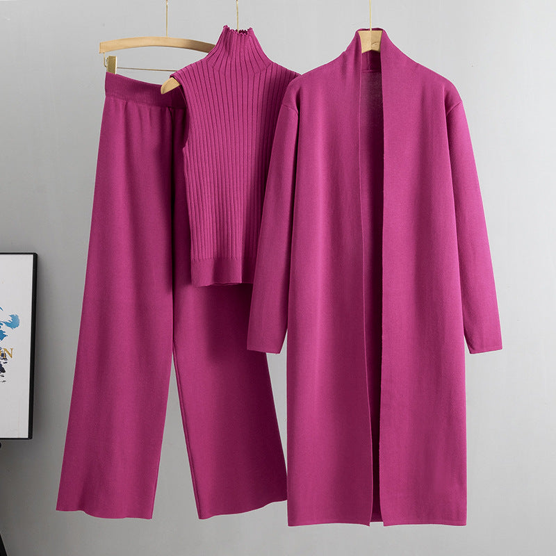 Spring Loose Knitting Suit Long Shawl Cardigan Turtleneck Vest Wide Leg Pants Three Piece Set