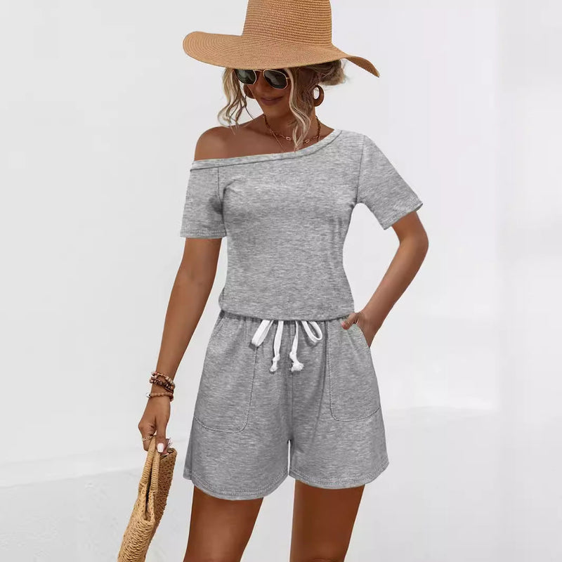 Off Shoulder Short Sleeve Pocket Lace Up Sloping Shoulder Off the Shoulder Jumpsuit Shorts