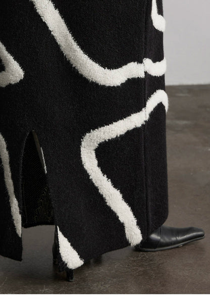 White Striped Black Knit Straight Skirt