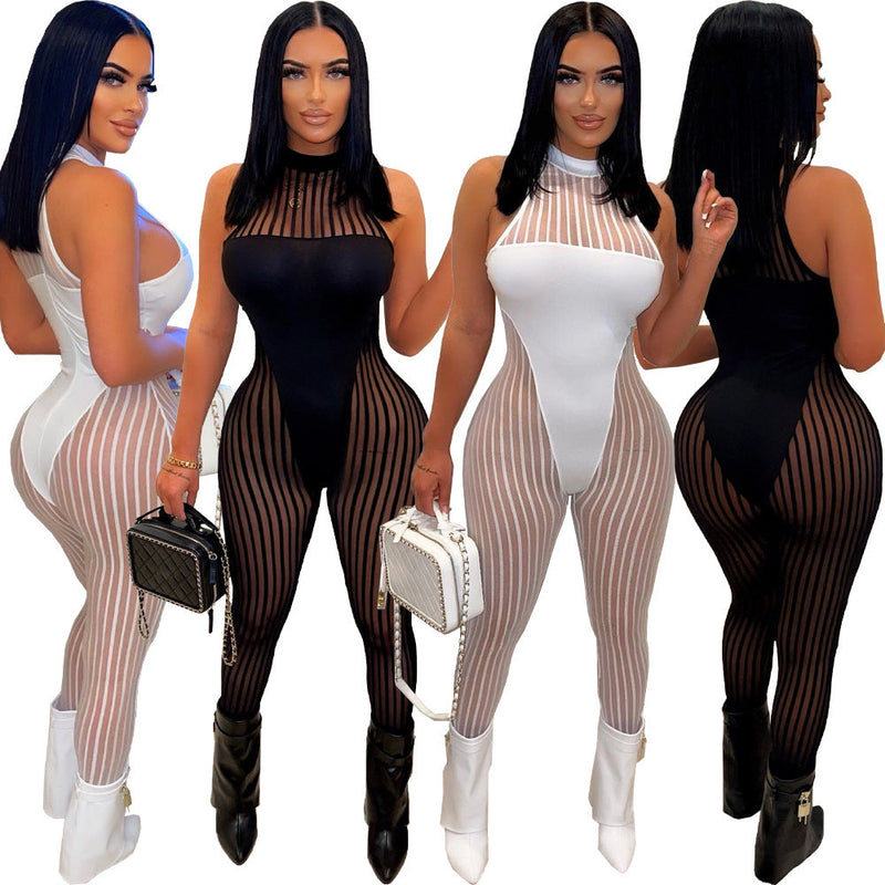 Clothing Mesh Stripes Stitching Jumpsuit