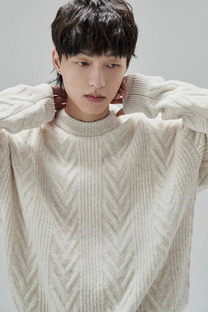 Cream Cable Knit Sweater With Chevron Pattern