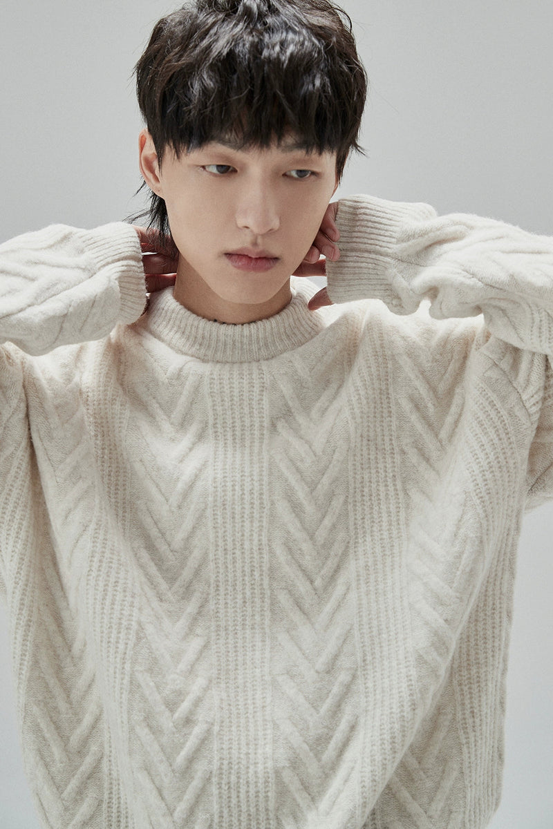 Cream Cable Knit Sweater With Chevron Pattern