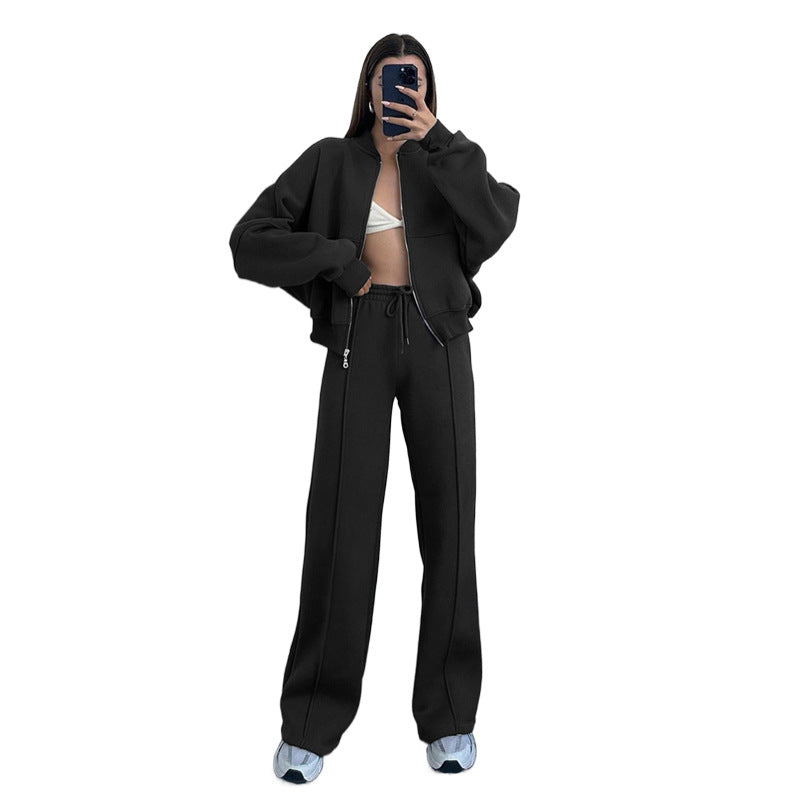 Autumn Winter Color Zipper Cardigan Sweater Straight Pants Set
