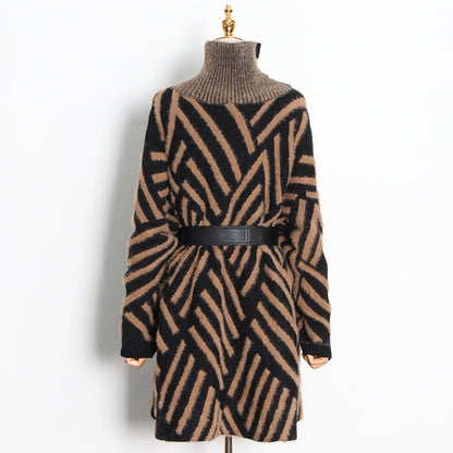 Loose Knitted Dress Winter Stand Collar Oblique Buckle Long Sleeve Mink Hair Sweater With Belt