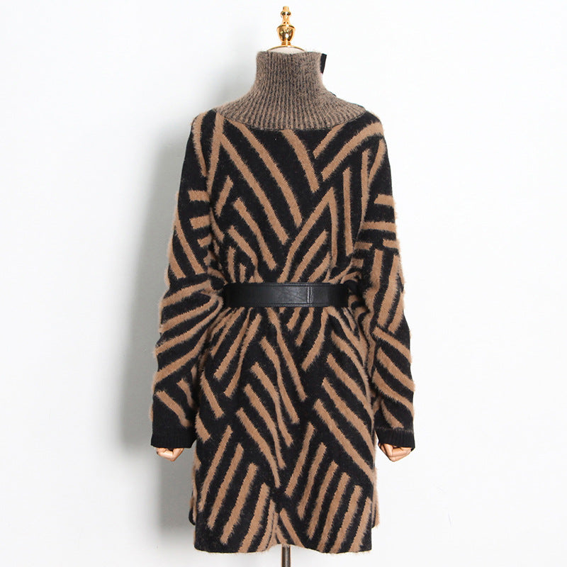 Loose Knitted Dress Winter Stand Collar Oblique Buckle Long Sleeve Mink Hair Sweater With Belt