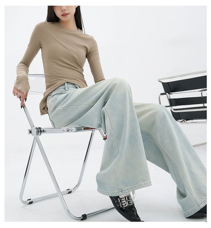Light Blue Loose Straight Wide-leg Denim Pants With Embroidery Design