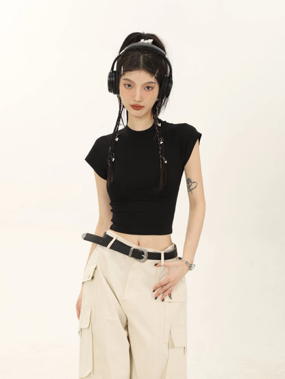 Crop Color Regular Shoulder Short Sleeve T-shirt