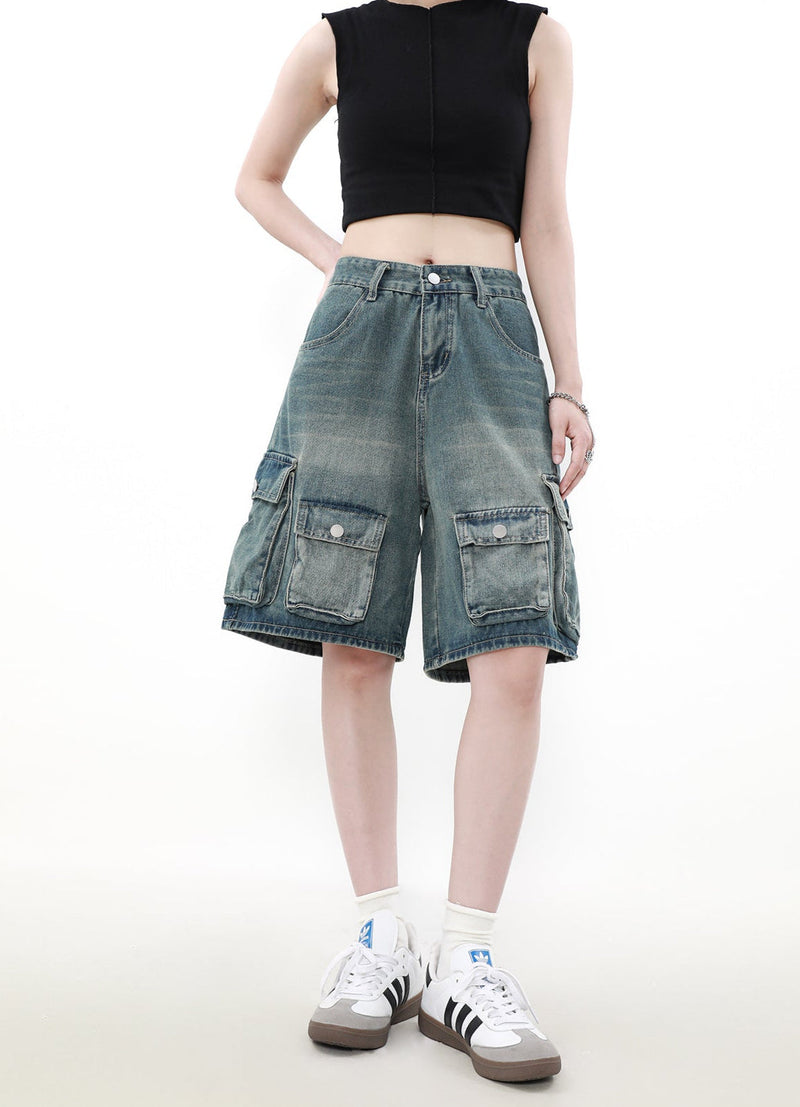 Denim Cargo Shorts With Multiple Utility Pockets
