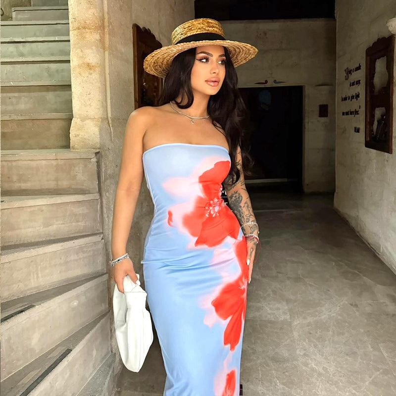 Clothing Summer Tube Top Print Slim Fit High Waist Slit Maxi Dress