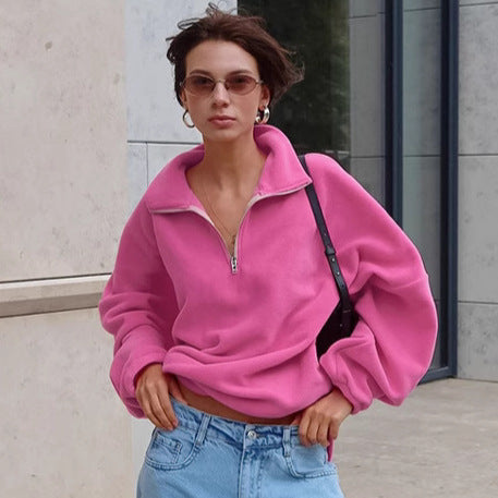Autumn Winter Pink Collared Fleece Sweatshirt Lamb Wool Tops