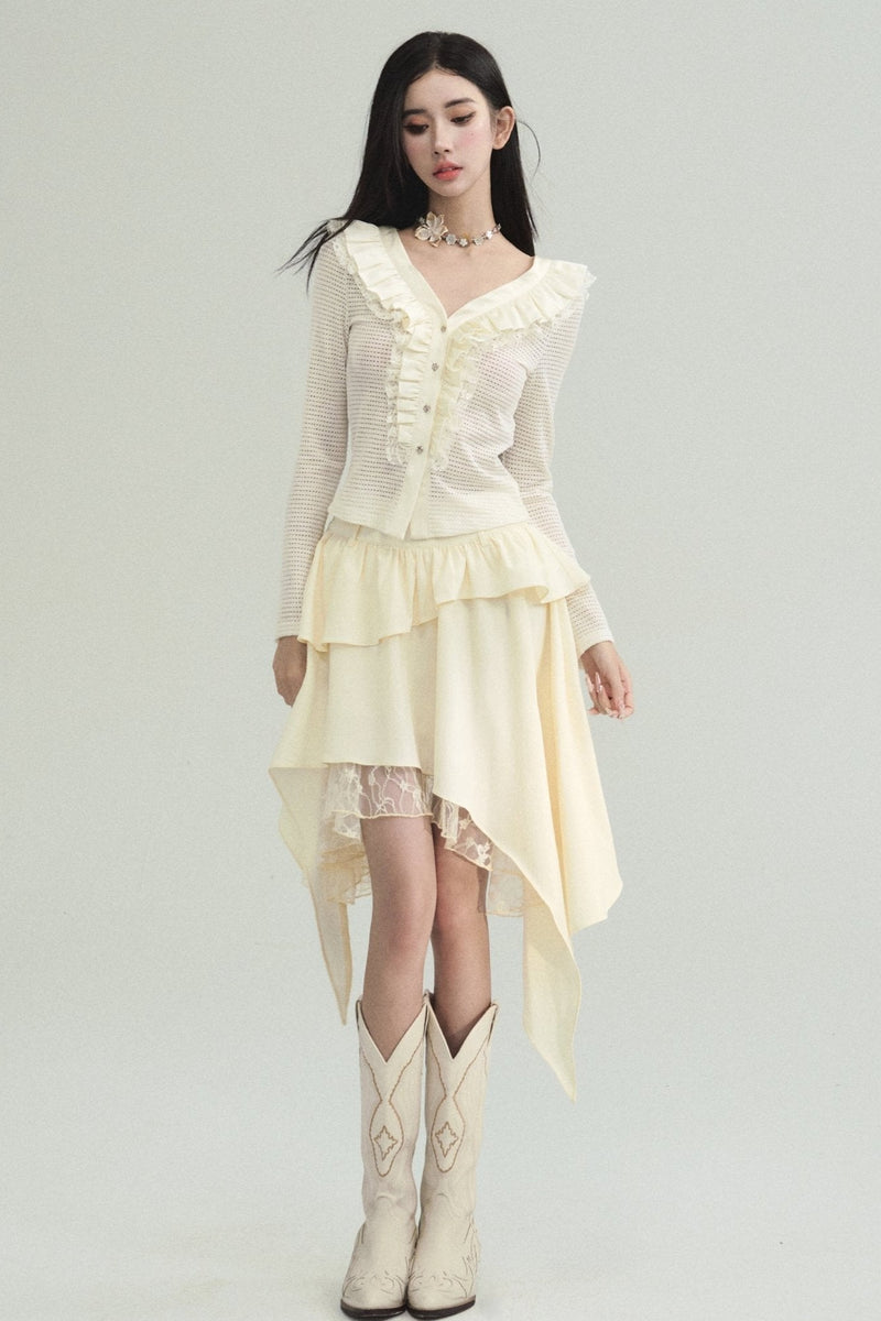 Cream Ruffled Collar Long Sleeve Cardigan