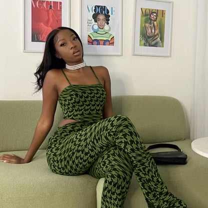 Suit Green Printing Vest Wide Leg Pants Two Piece Suit