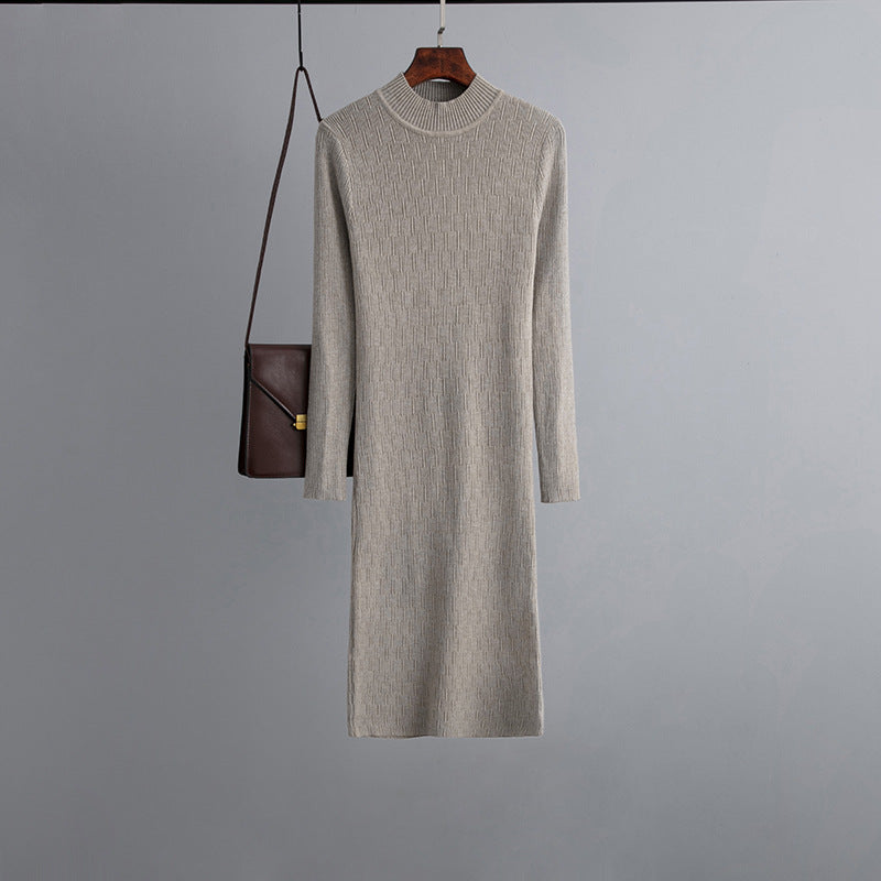 Sheath Half High Collar Inner Match Knitted Dress Fall Winter Outer Wear Thin Over the Knee Mid Length Sweater