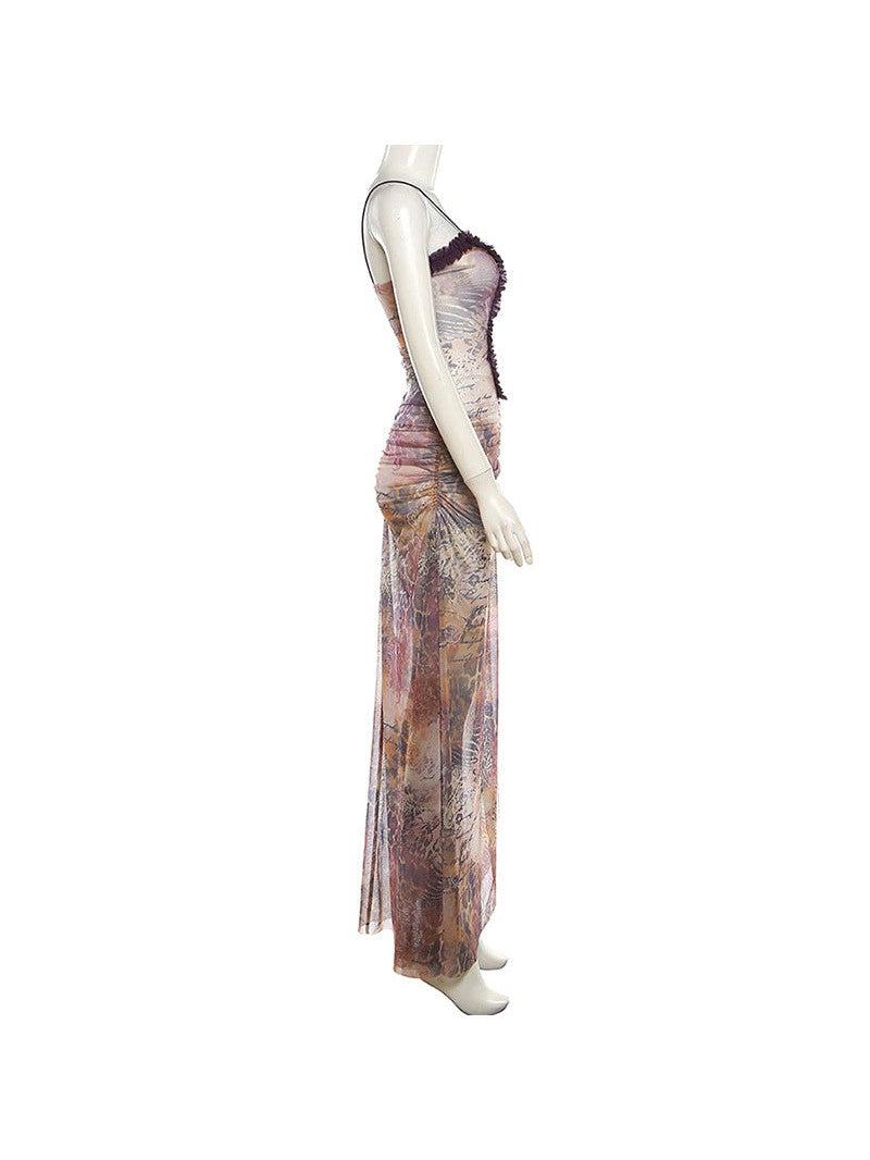 Cutout Suspender Ear Print Loose Fitting Cropped Maxi Dress