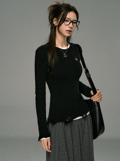 Distressed Ribbed Knit Sweater - Frayed Hem Long Sleeve Pullover
