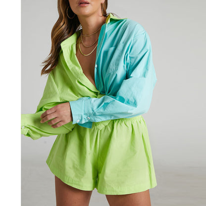 Spring Summer Two Piece Set Color Single Breasted Long Sleeve Collared Shirt Shorts Loose Set