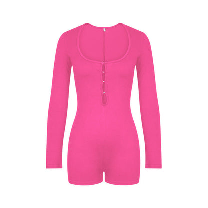 Jumpsuit Color Basic Hollow Out Cutout Slim Long Sleeve Jumpsuit