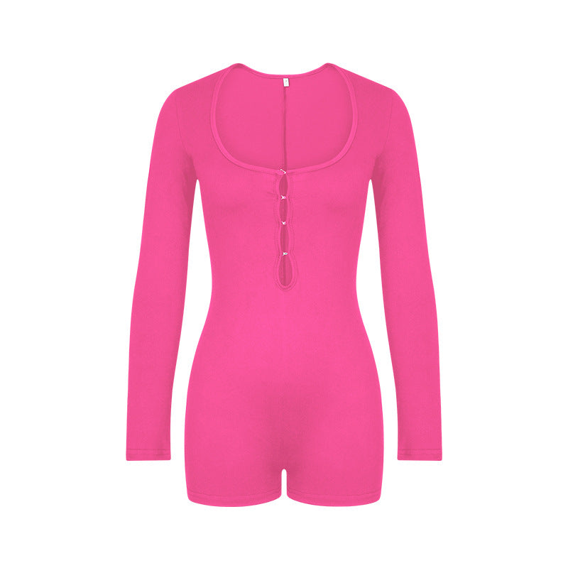 Jumpsuit Color Basic Hollow Out Cutout Slim Long Sleeve Jumpsuit
