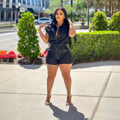 Clothing Short Sleeve Stretch Denim Romper Summer Jumpsuit
