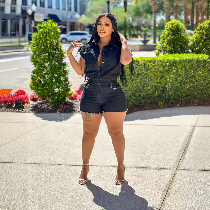 Clothing Short Sleeve Stretch Denim Romper Summer Jumpsuit