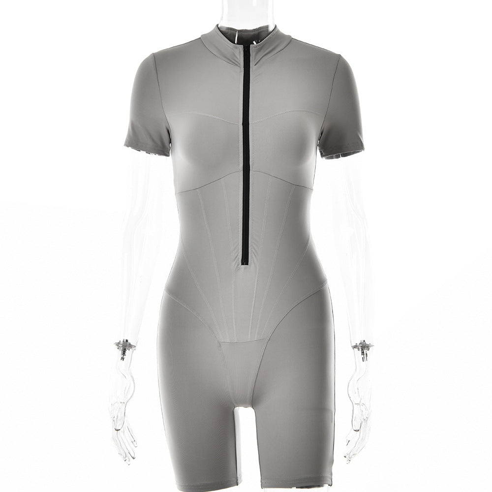 Tight Jumpsuit Autumn Winter Short Sleeve Zipper Striped Bottoming Shirt for