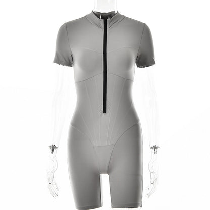 Tight Jumpsuit Autumn Winter Short Sleeve Zipper Striped Bottoming Shirt for