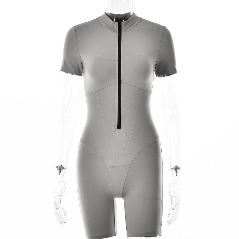 Tight Jumpsuit Autumn Winter Short Sleeve Zipper Striped Bottoming Shirt for
