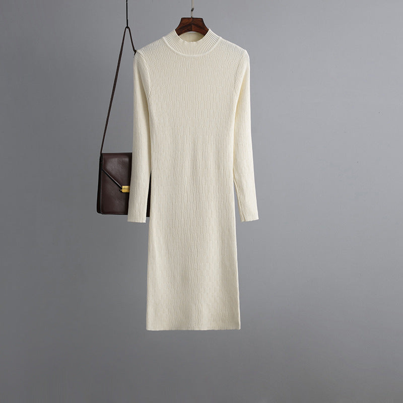Sheath Half High Collar Inner Match Knitted Dress Fall Winter Outer Wear Thin Over the Knee Mid Length Sweater