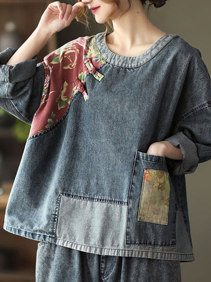 Retro Stitching Patchwork Print Denim Sweatshirt Sc1032