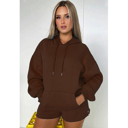 Autumn Winter Color Thickened Fleece Lined Hooded Long Sleeve Sweater Shorts Suit