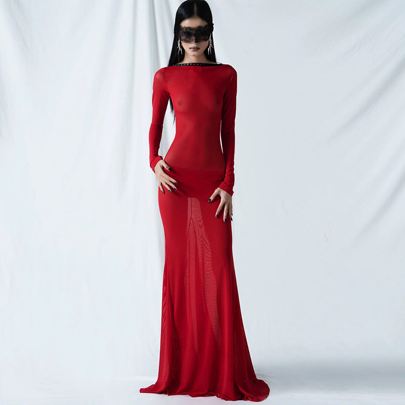 Autumn Clothing Mesh Backless Lace Up Long Sleeve Super Maxi Dress for