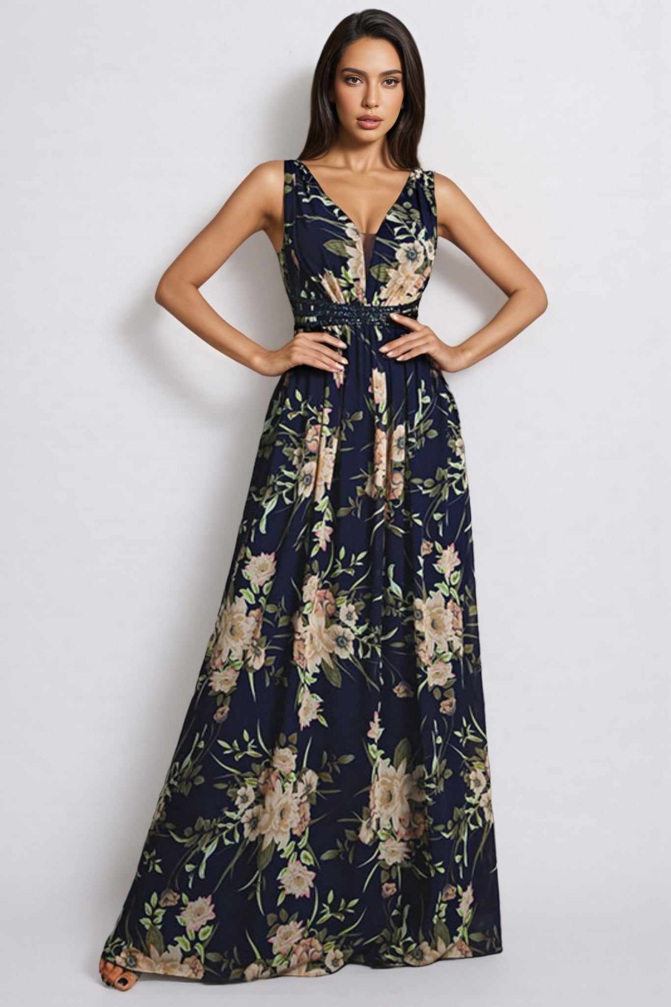 Hedar Deep V-neck Printed Maxi Dress