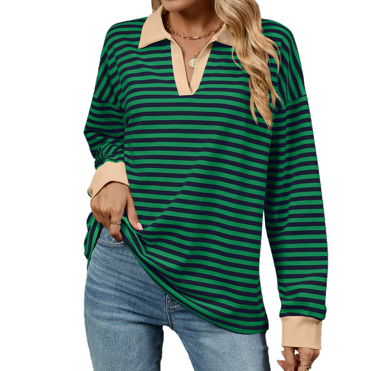 Autumn Winter Contrast Color Lapels Loose Long Sleeve Striped Sweater for