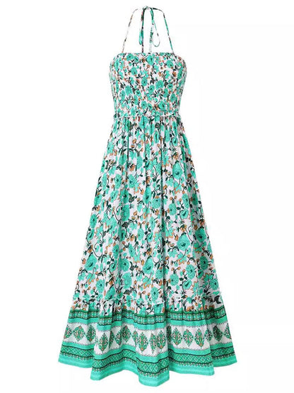 Print Smocked Chest Halter Neck Maxi Dress