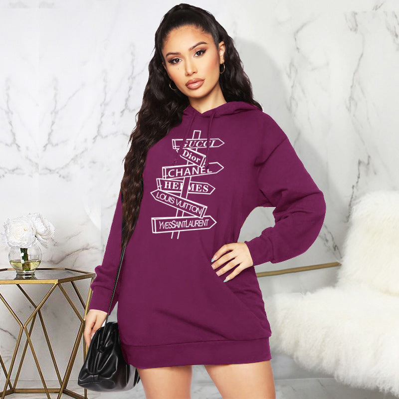 Sweater Autumn Winter Printing Hooded Mid Length Top