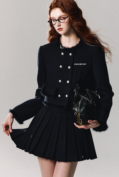 Double Breasted Tweed Jacket/pleated Skirt